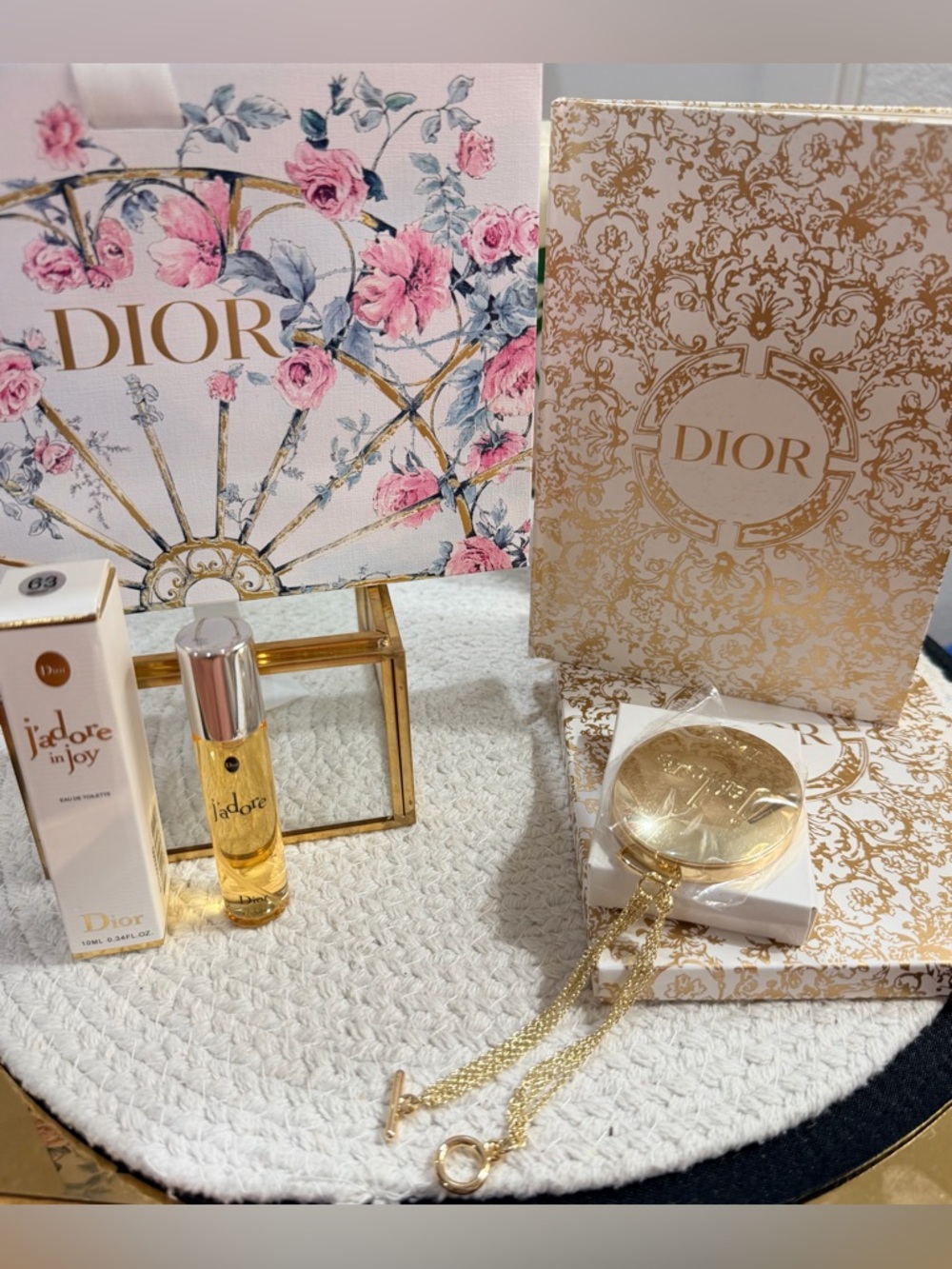 💐Dior J'adore EDT 10 ml spray, Gold Compact Mirror, Journal, Bag✨